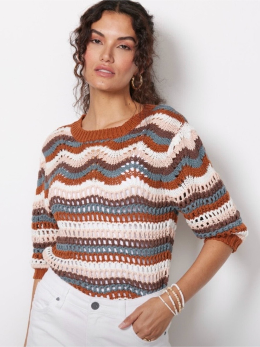 Evereve Arabella Multicolor Chevron Crochet Knit Sweater Size Small